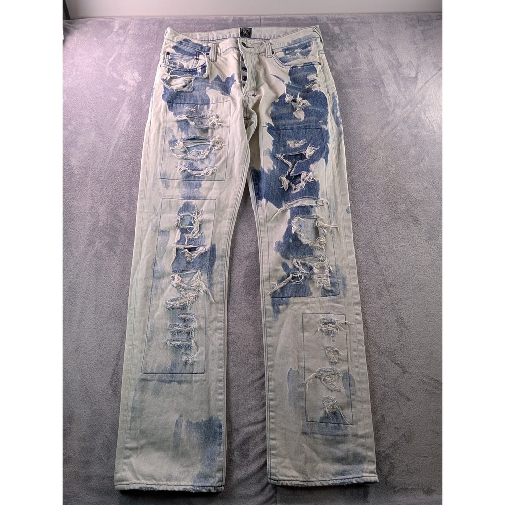PRPS Barracuda Men 34 Distressed Patchwork Bleached Blue Denim Jeans Button Fly